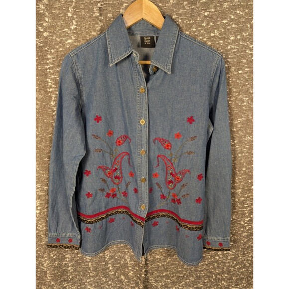 Quizz Again & Co Denim Long Sleeve Embroidered Shirt Womens Small‎ - Picture 1 of 7